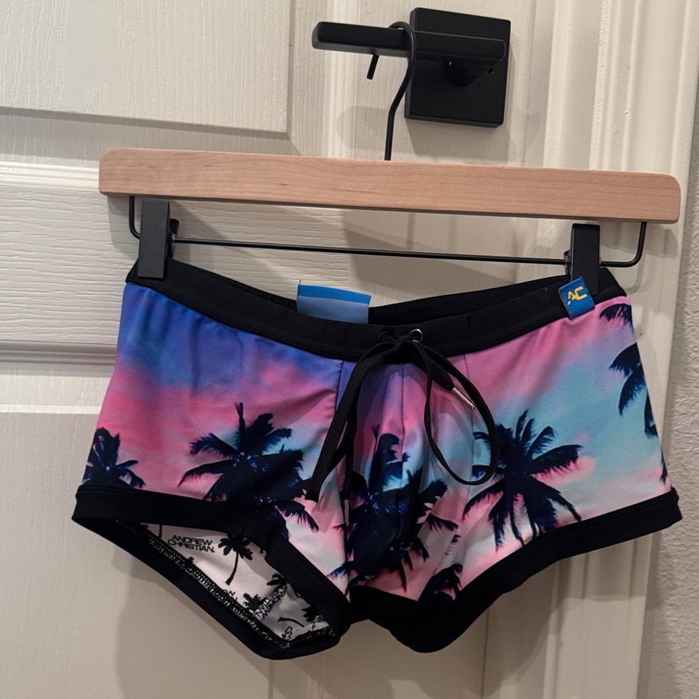 Andrew Christian Pink and Blue Palm Swim Trunks